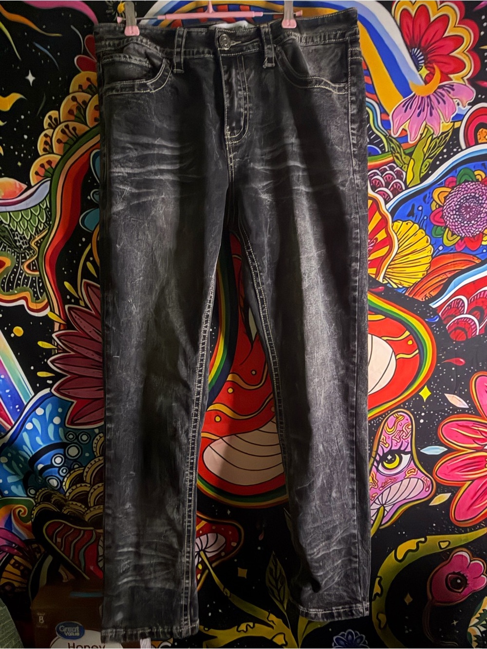 Men's Washed Rhinestone Black Denim Jeans